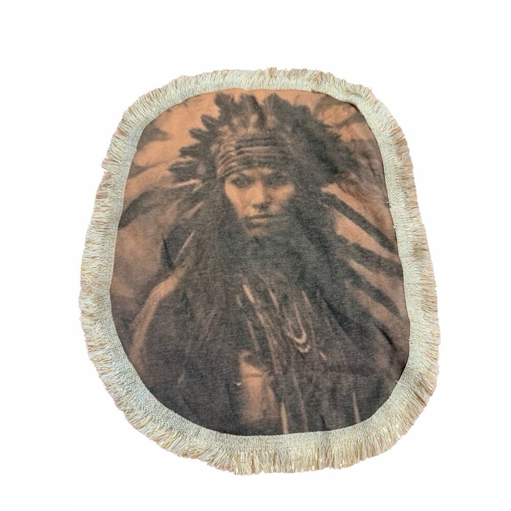 Bella Canvas M Peach V-Neck Tee with Native American Graphic Fringe Trim Detail - Picture 4 of 7